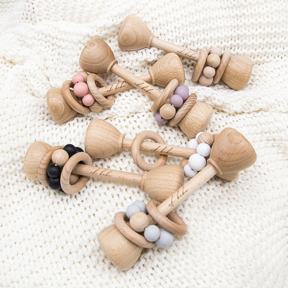 wooden and silicone teething rattle